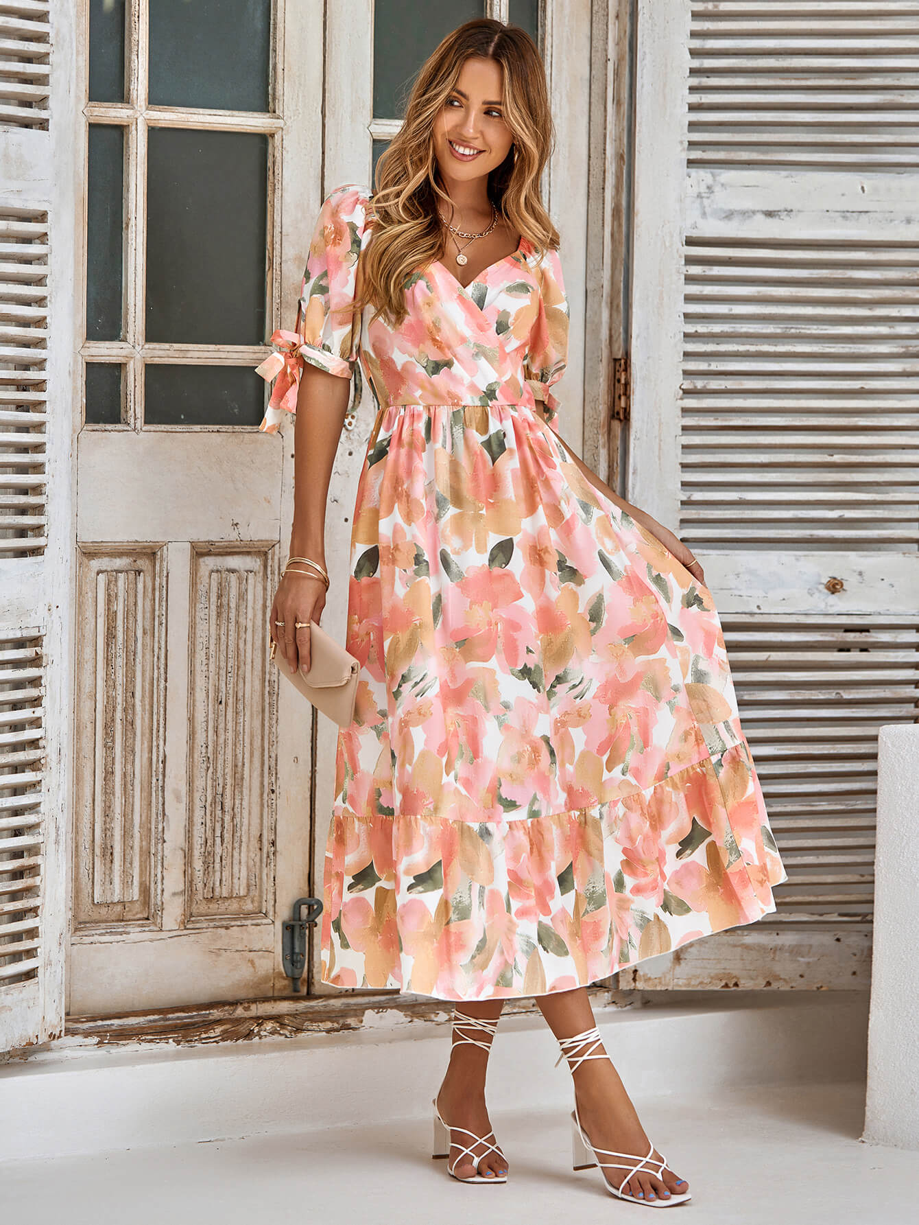 Tanya Painting Floral Short Sleeve Maxi Dress - Peach, L / Peach Tanya Painting Floral Short Sleeve Maxi Dress - Peach, L / Peach