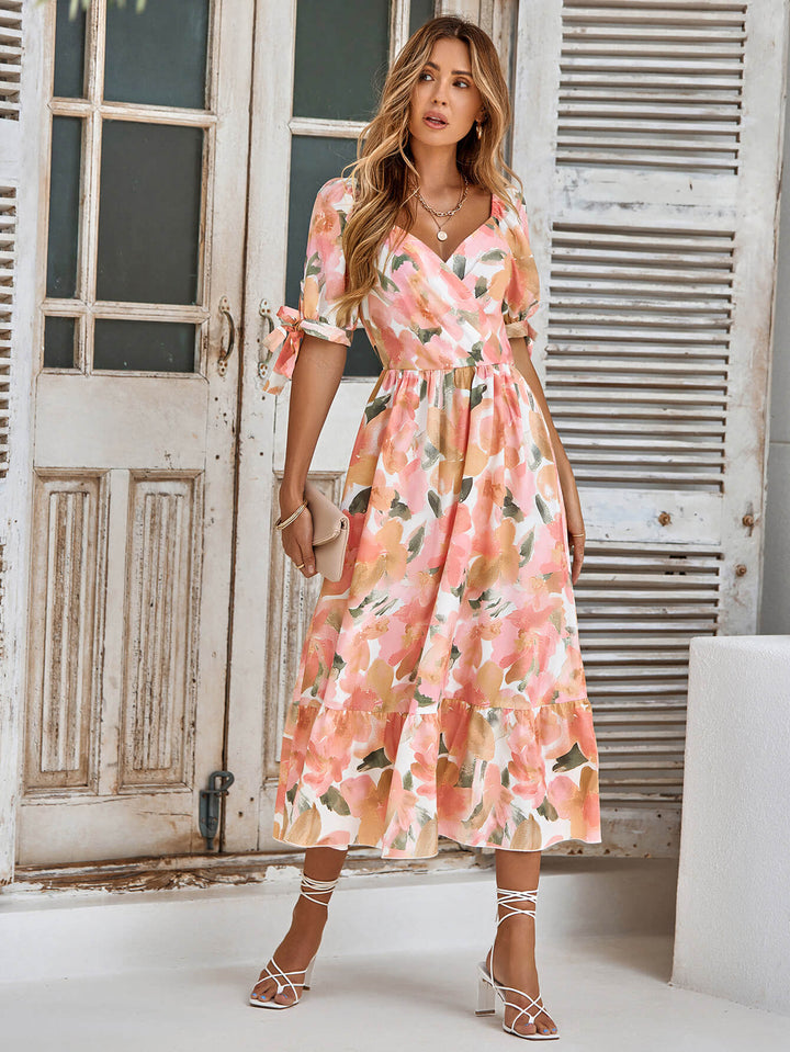 Tanya Painting Floral Short Sleeve Maxi Dress - Peach, L / Peach Tanya Painting Floral Short Sleeve Maxi Dress - Peach, L / Peach
