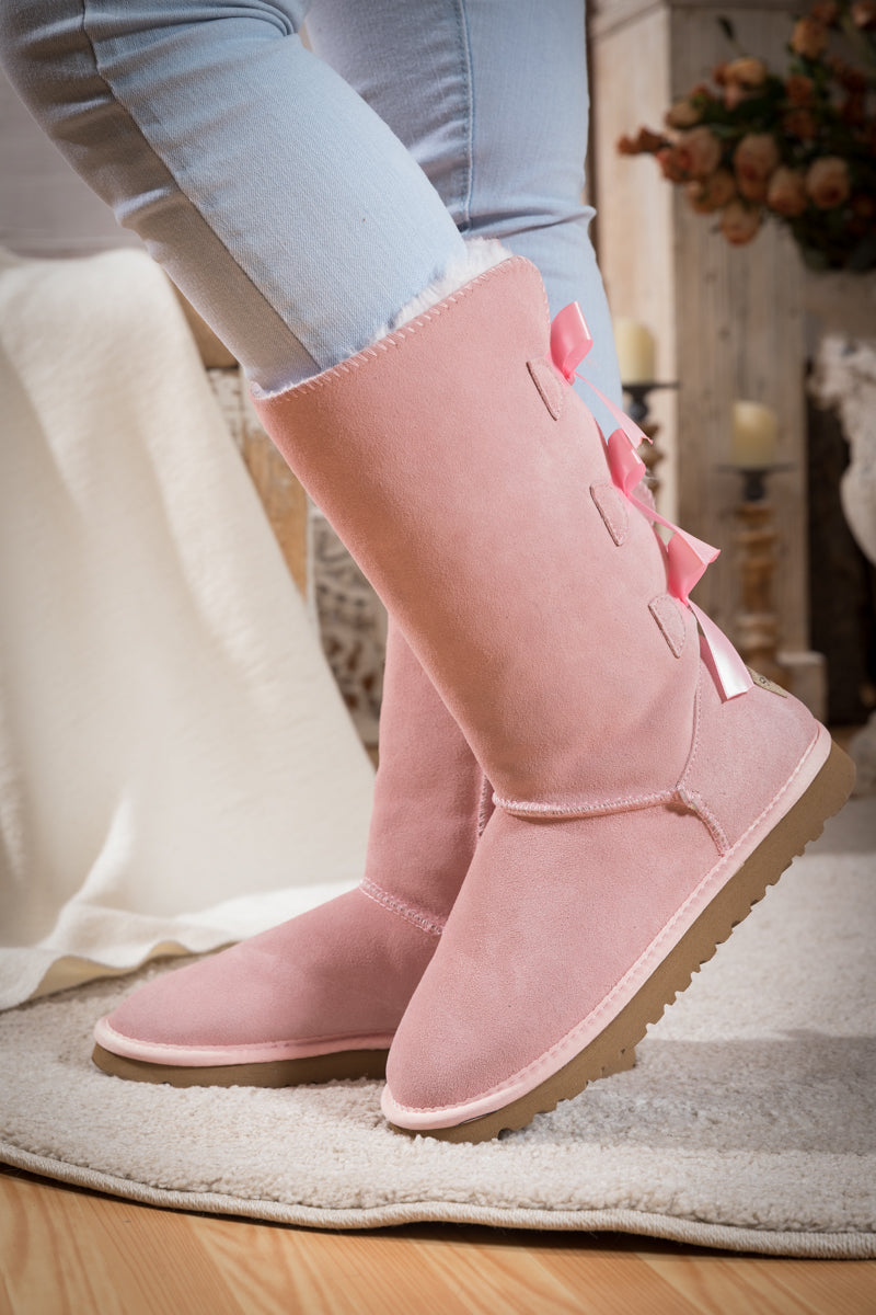 SMAIBULUN Ugg | Back Woollen Bow Suede Boots – Pink