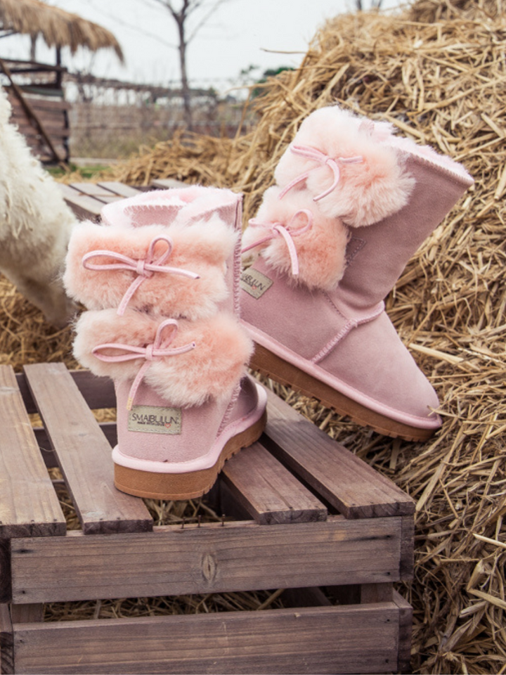 SMAIBULUN Ugg Back Woollen Bow Suede Boots Pink