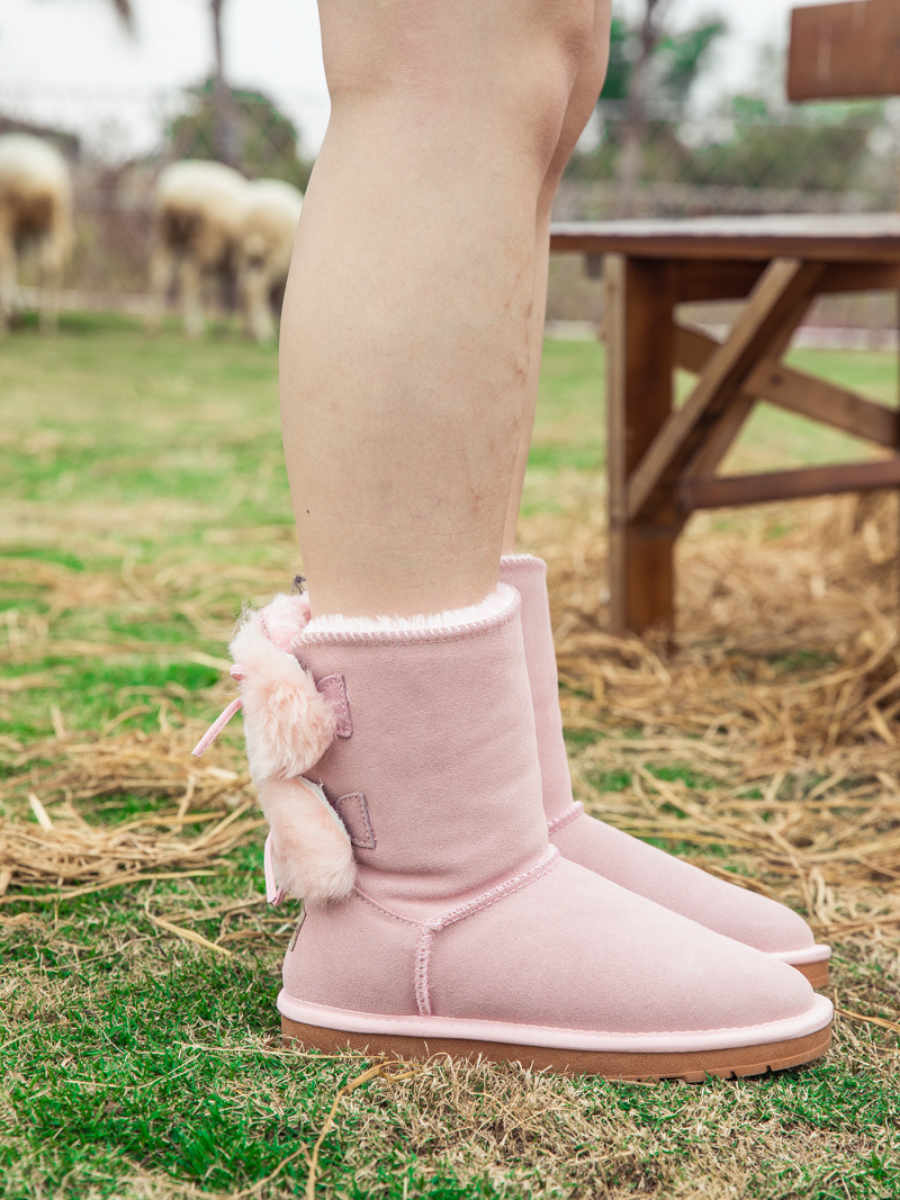 SMAIBULUN Ugg | Back Woollen Bow Suede Boots – Pink