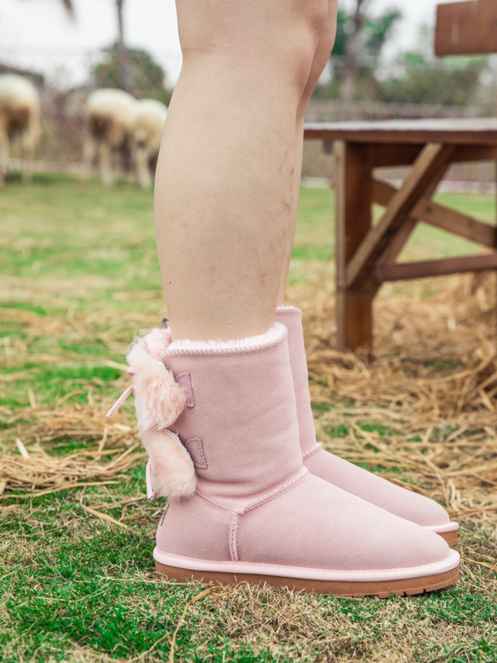 SMAIBULUN Ugg Back Woollen Bow Suede Boots Pink