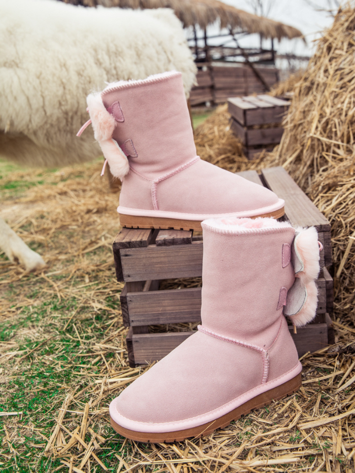 SMAIBULUN Ugg | Back Woollen Bow Suede Boots - Pink