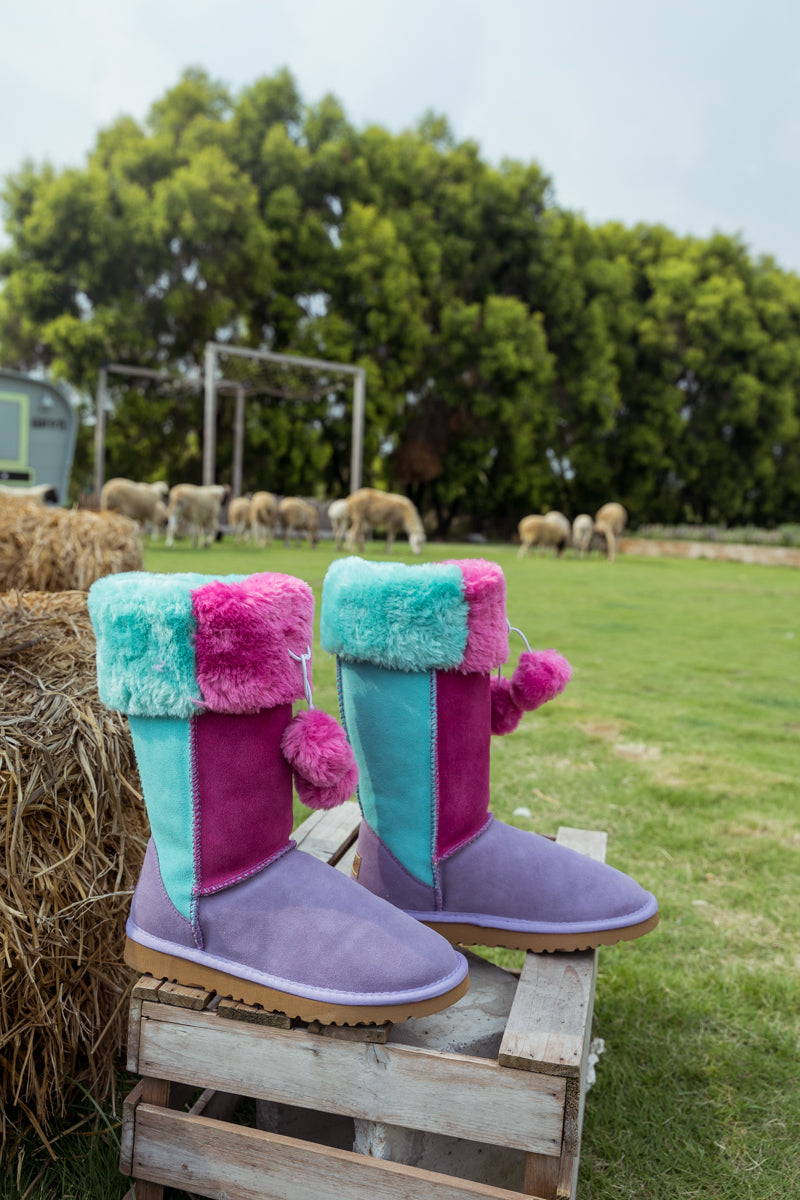 SMAIBULUN Ugg FRINGE BALL COLOR CONTRAST SUEDE BOOTS PURPLE