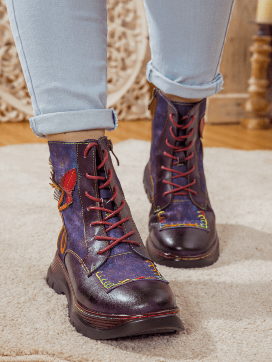 SOFFIA | GALAXY LEAF APPLIQUE LEATHER CANVAS COMBAT BOOT – SMAIBULUN