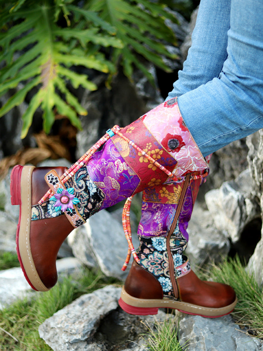 Soffia Genuine Leather Bohemian Purple Brown Floral Tie Accent Boho Knee Boots Us9.5 Eu41 Purple