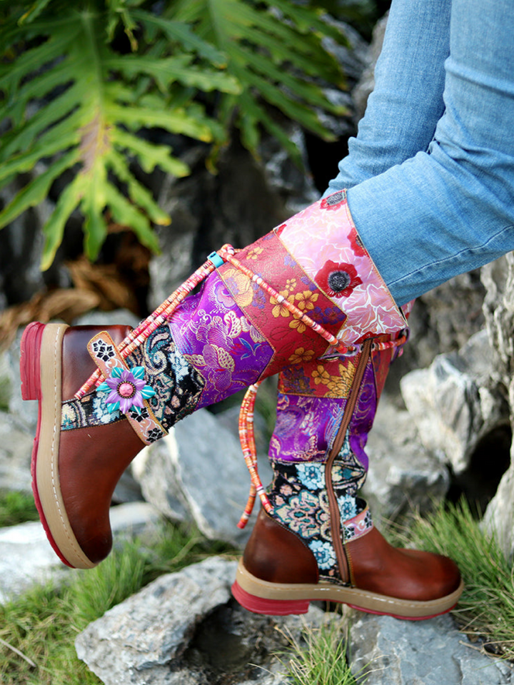 SOFFIA Bohemian Floral Tie Accent Boho Leather Knee Boots US9.5 EU41 Purple