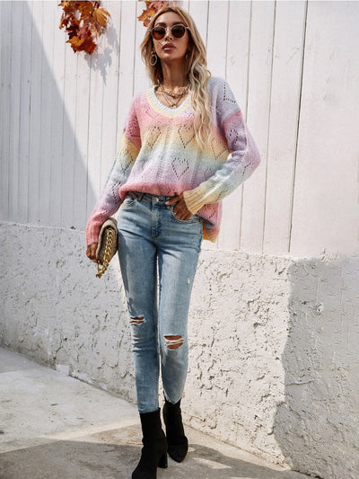 Smaibulun | Tie-Dye V Neck Heart Perforation Sweater - Pink