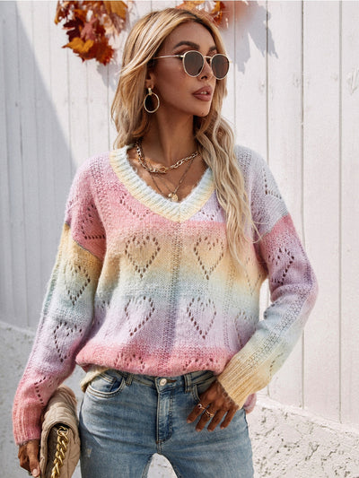 Smaibulun | Tie-Dye V Neck Heart Perforation Sweater - Pink