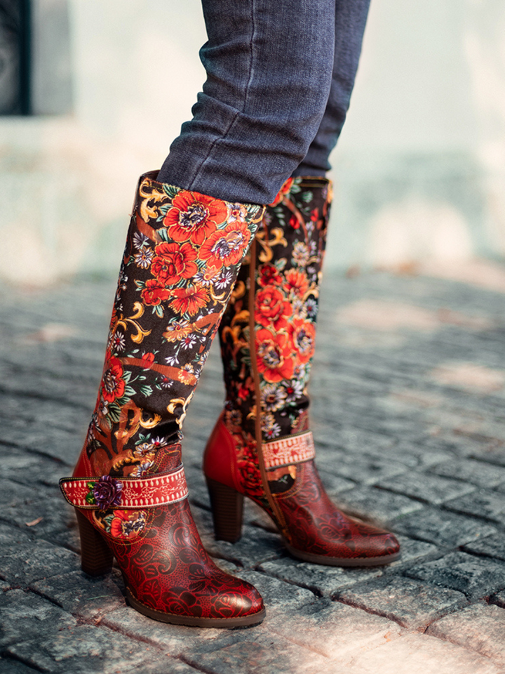 Soffia Genuine Leather Peony Paisley Boho Knee Boots US6.5 EU37 Red