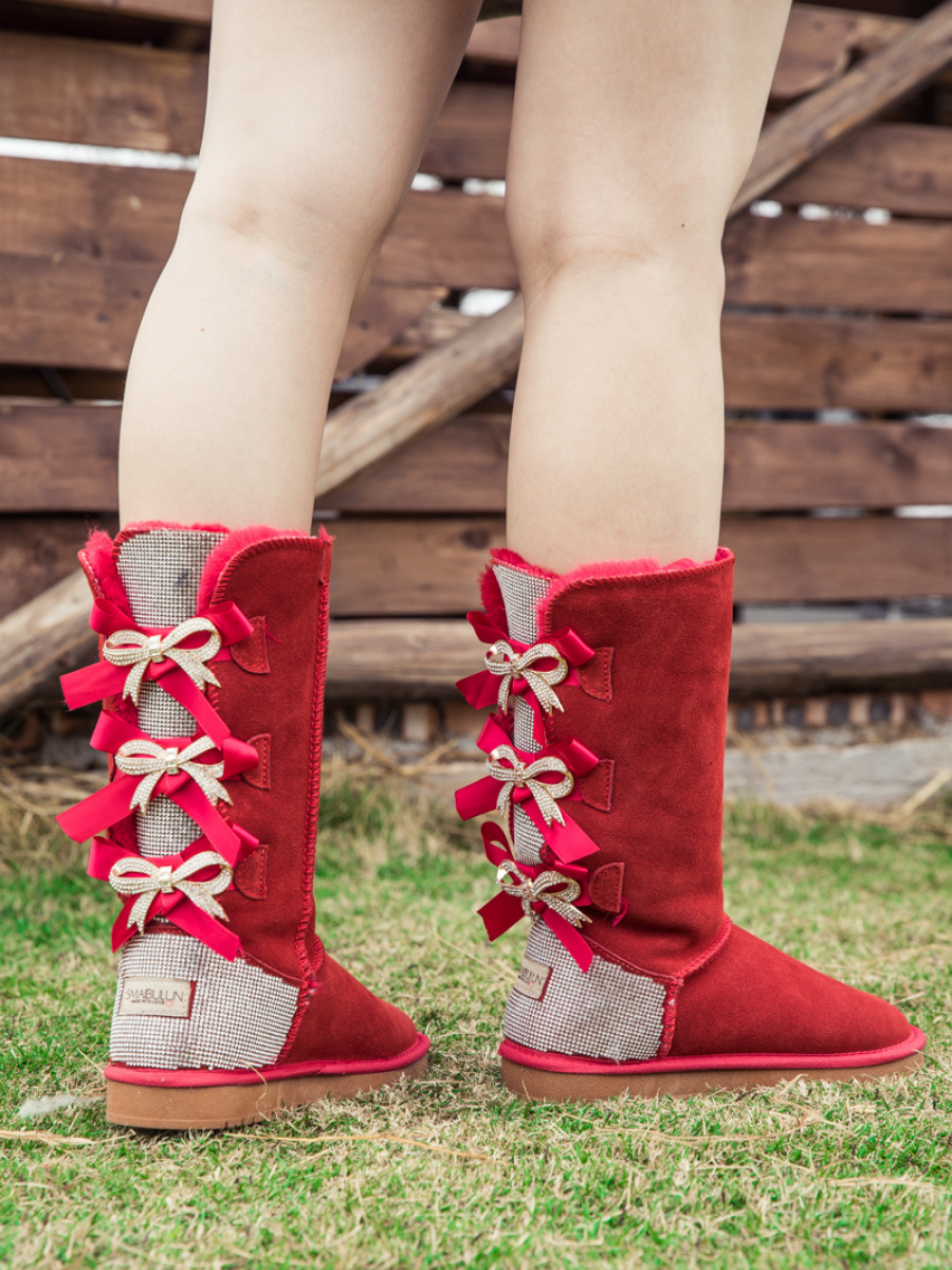 SMAIBULUN Ugg Rhinestone Ribbon Tri Tie Bow Suede Boots Red