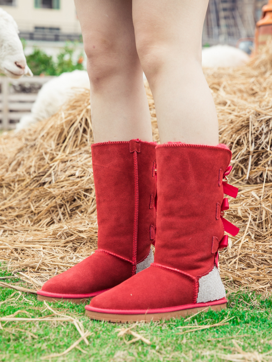 SMAIBULUN Ugg Rhinestone Ribbon Tri Tie Bow Suede Boots Red