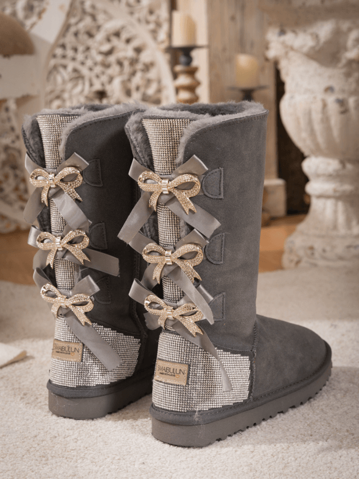 SMAIBULUN Ugg Rhinestone Ribbon Tri Tie Bow Suede Boots Grey