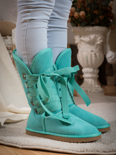SMAIBULUN Ugg | RIBBON LACE-UP FAUX FUR-LINED SUEDE BOOT - TURQUOISE