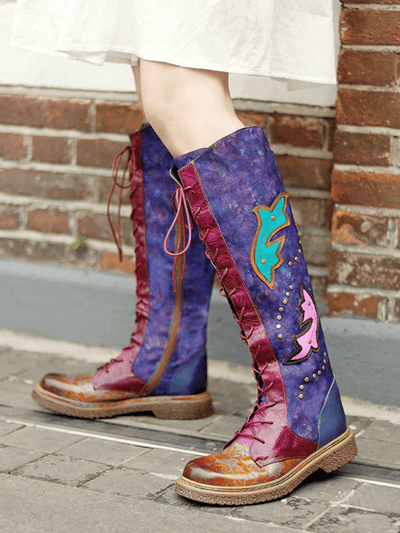 SOFFIA | Genuine Leather Galaxy Printed Tie-Accent Boho Knee High Boots