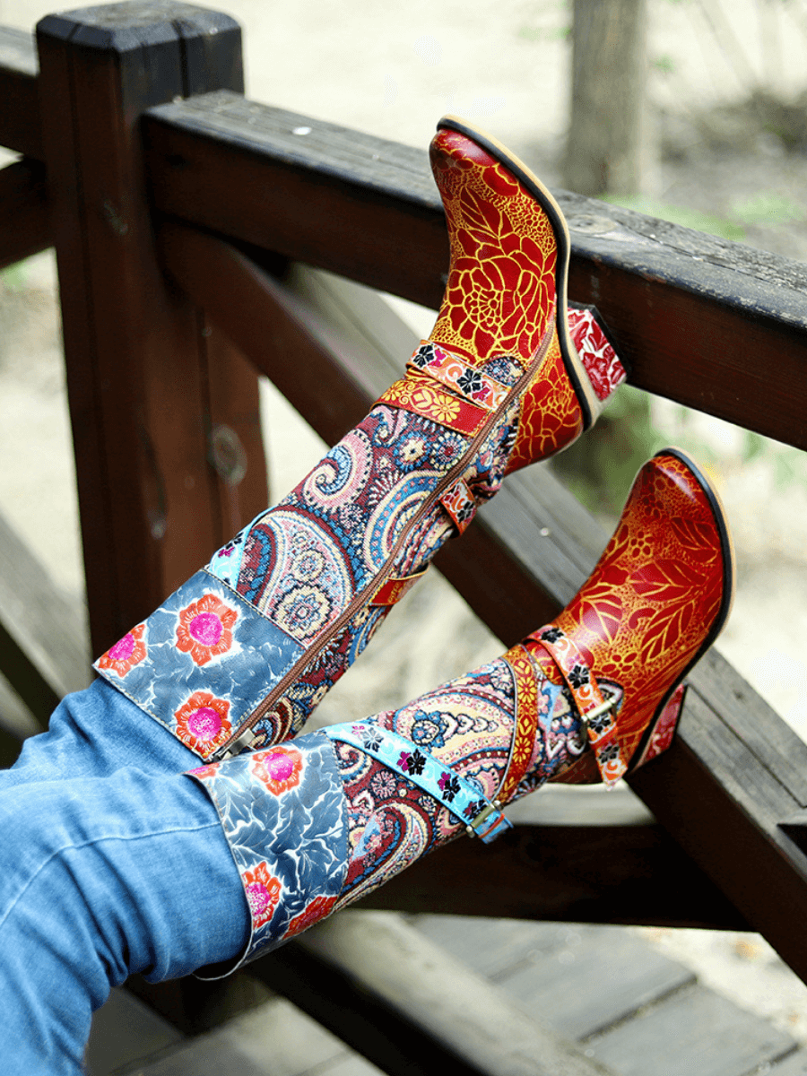 Boho Classic Knee High Boots Soffia Floral Tie-Accent Leather