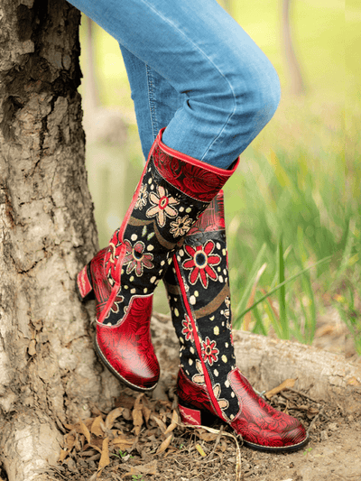 Soffia | Genuine Leather Bohemian Red Blossom Tie-Accent Leather Vintage High Knee Boots