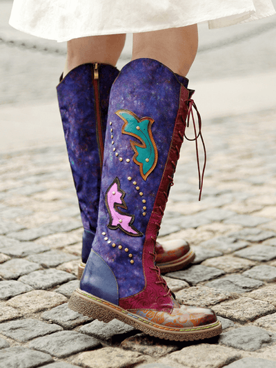 SOFFIA | Genuine Leather Galaxy Purple Printed Tie-Accent Boho High Knee Boots