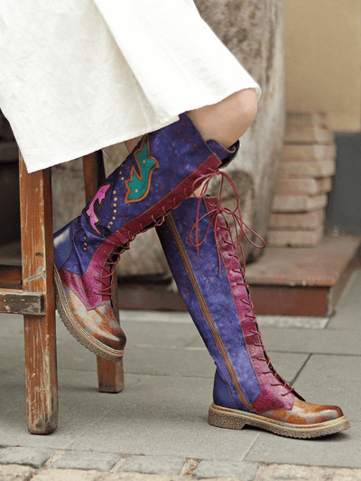 SOFFIA | Genuine Leather Galaxy Printed Tie-Accent Boho Knee High Boots
