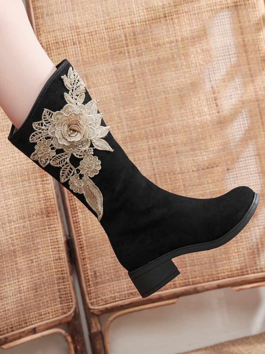 Cactus Rose | Golden Flower Appliqued Lace Detail Long Knee Boots - Black