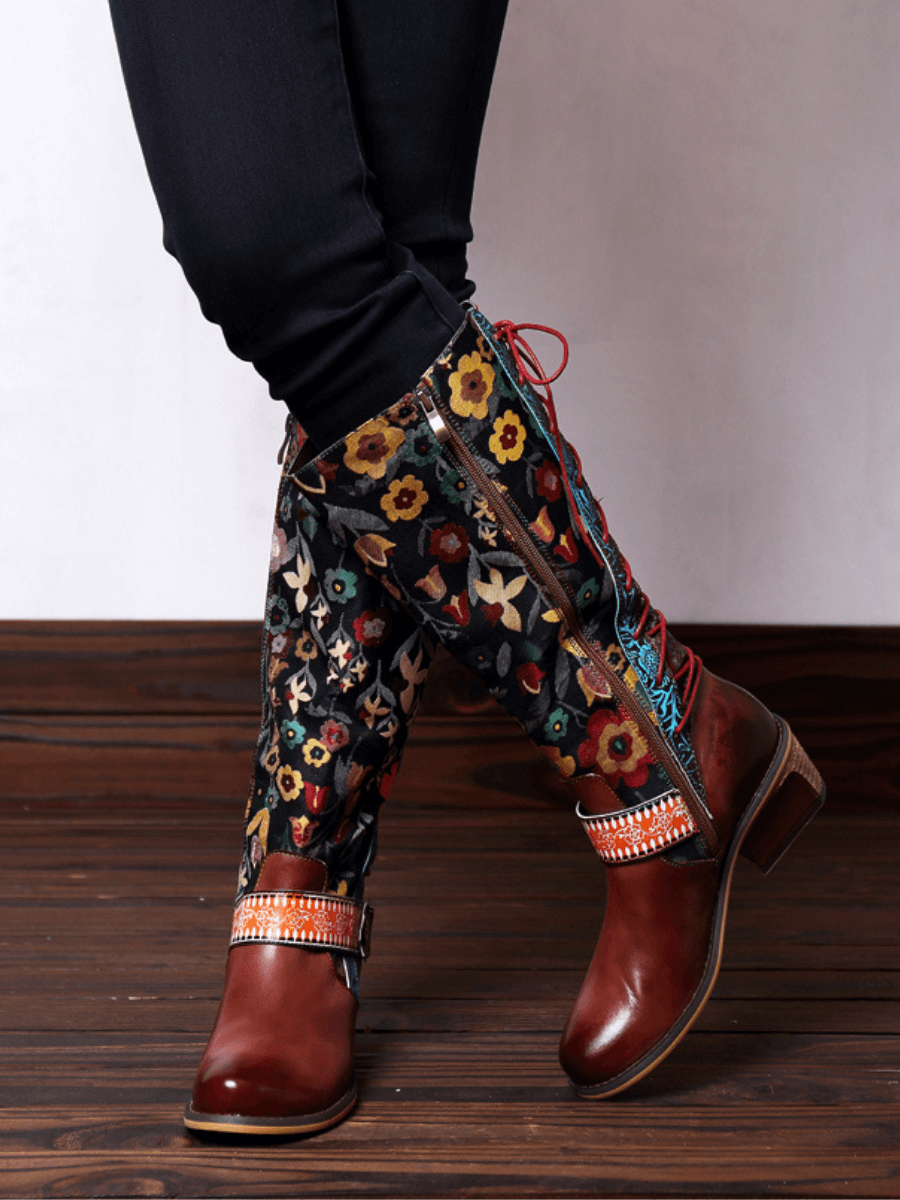 SOFFIA | Genuine Leather Brown Floral Tie-Accent Knee-High Boots ...