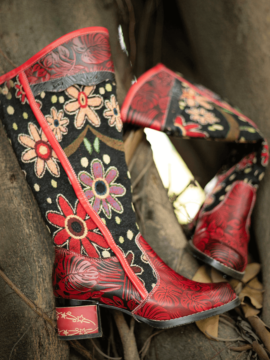 Soffia | Genuine Leather Bohemian Red Blossom Tie-Accent Leather Vintage High Knee Boots