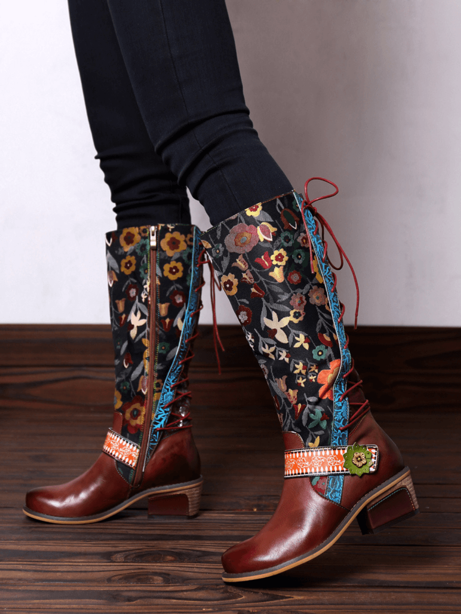 SOFFIA | Genuine Leather Brown Floral Tie-Accent Knee-High Boots