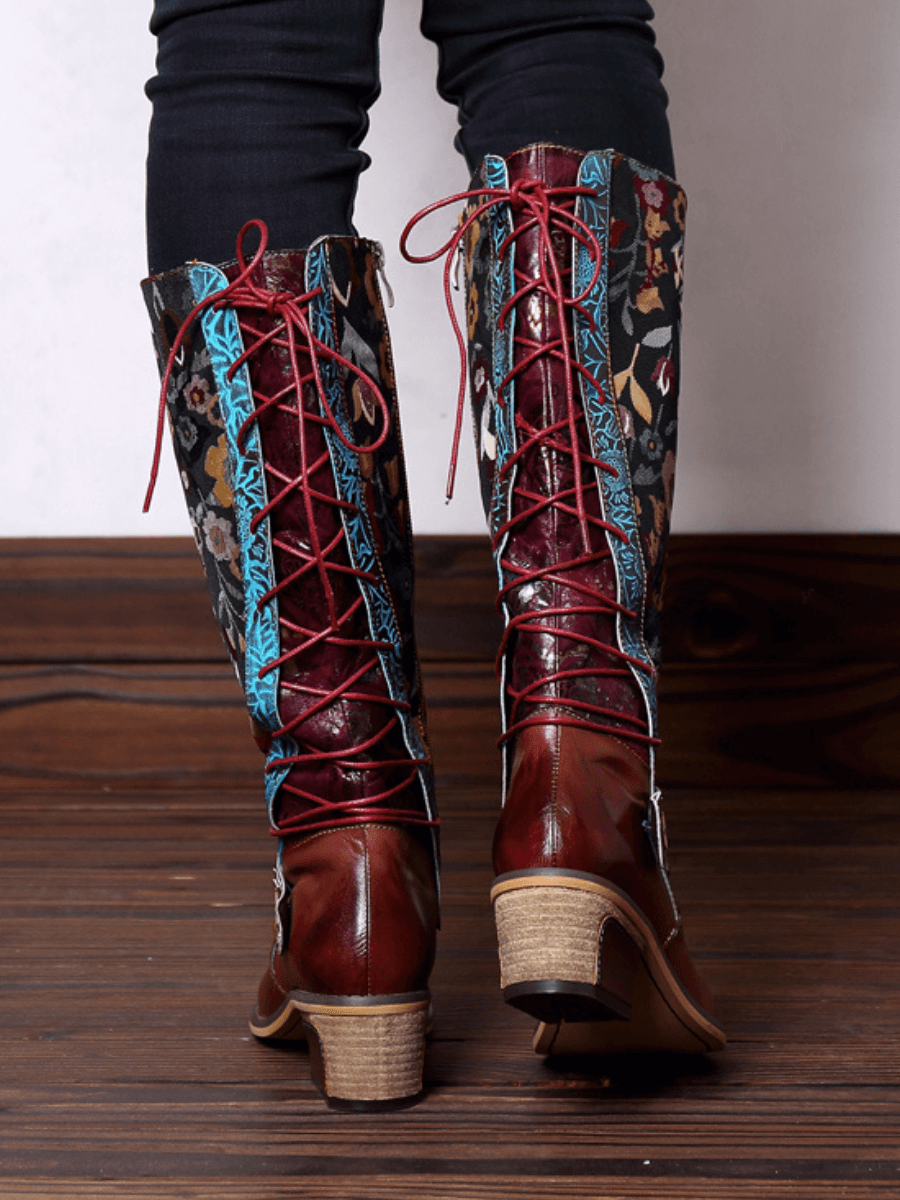 SOFFIA | Genuine Leather Brown Floral Tie-Accent Knee-High Boots ...