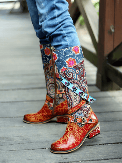 Soffia | Brown Floral Tie-Accent Leather Vintage Knee High Boots