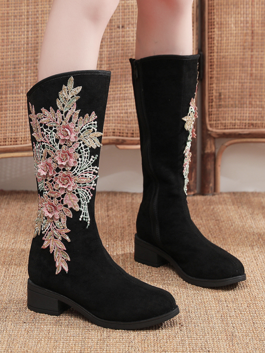 Cactus Rose | Embroidery Blooming Appliqued Long Knee Boots - Black