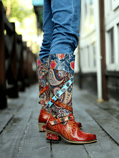 Soffia | Brown Floral Tie-Accent Leather Vintage Knee High Boots