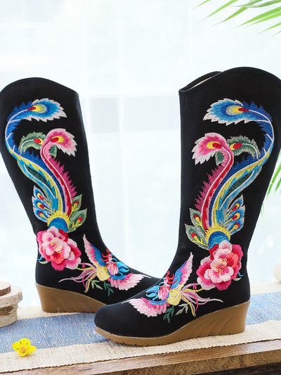 Cactus Rose | Embroidered Phoenix Long Boots - Black