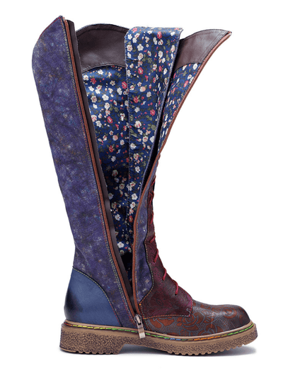 SOFFIA | Genuine Leather Galaxy Purple Printed Tie-Accent Boho High Knee Boots
