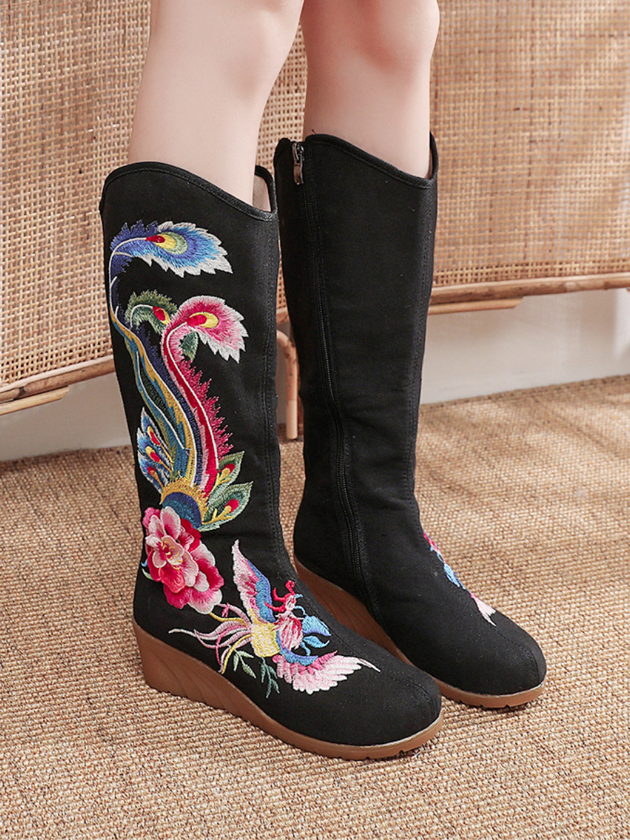 Cactus Rose | Embroidered Phoenix Long Boots - Black