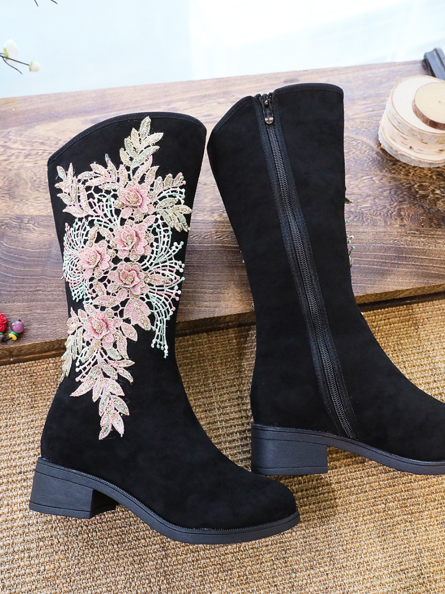 Cactus Rose | Embroidery Blooming Appliqued Long Knee Boots - Black