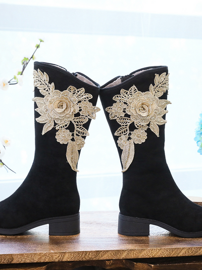 Cactus Rose | Golden Flower Appliqued Lace Detail Long Knee Boots - Black