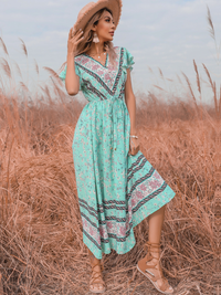 Smaibulun | Light Green Floral Print V-Neck Midi Dress